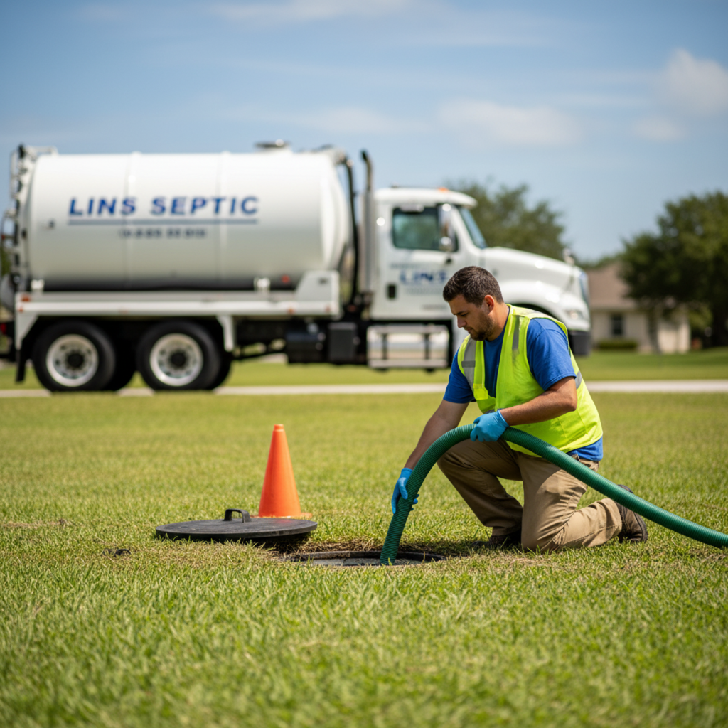 Licensed septic technician servicing an open tank riser with vacuum hose on a Florida lawn