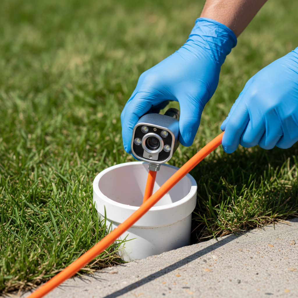 Close-up of a sewer camera entering a cleanout in miami.