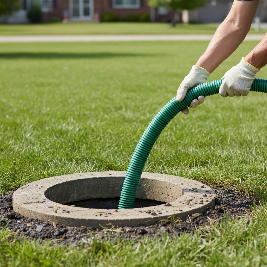 Technician cleaning outdoor commercial grease trap using vacuum hose and septic truck