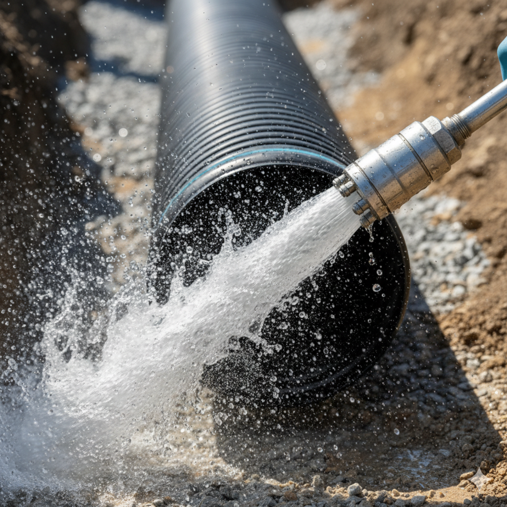 Close-up of hydro-jetting nozzle cleaning a drain line in miami.