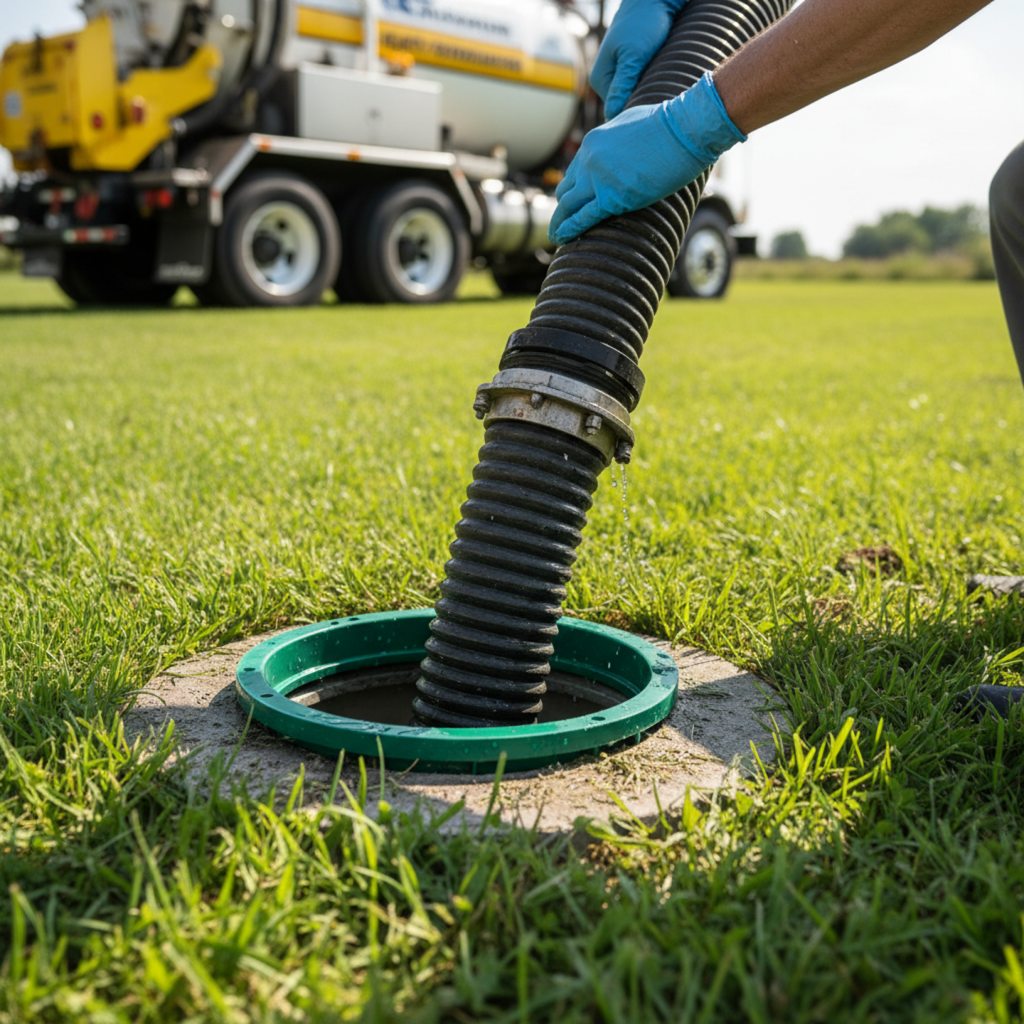 Close-up hose connected to a septic tank during pump-out in Miami