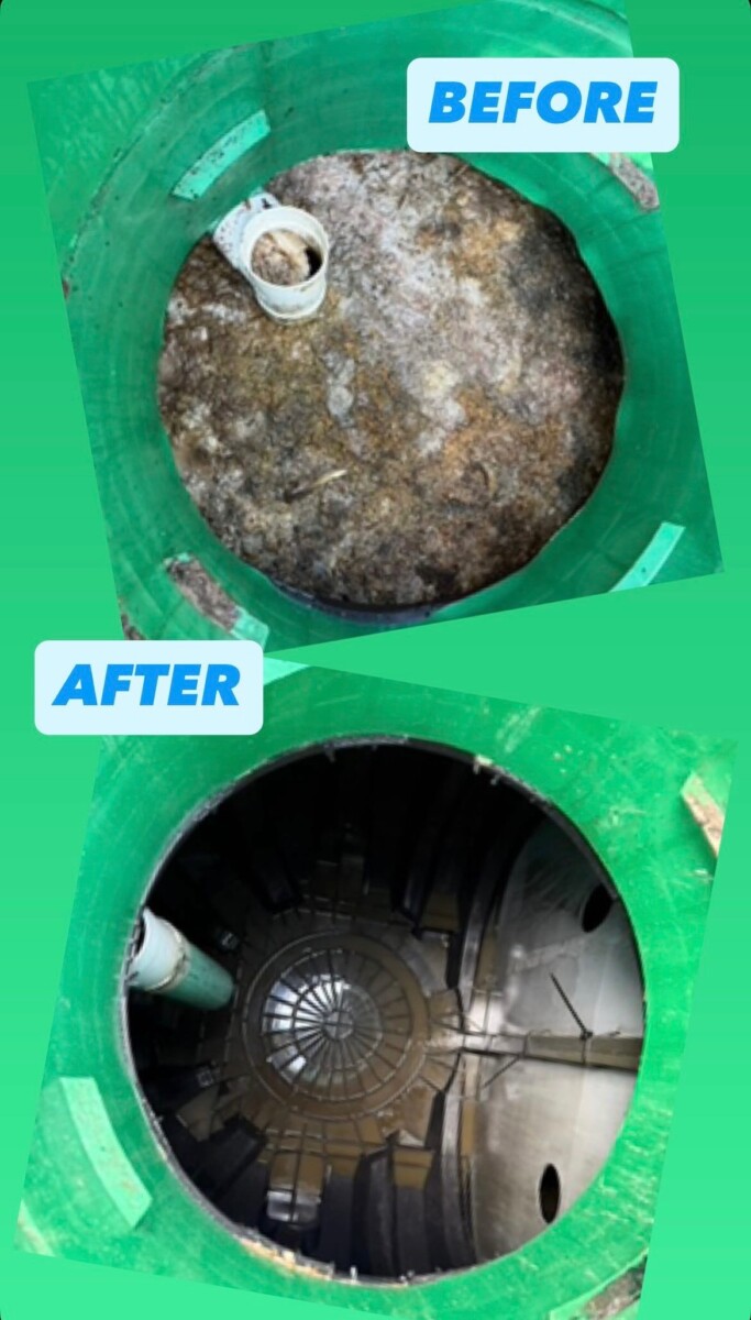 Before and after septic tank cleaning showing sludge removal
